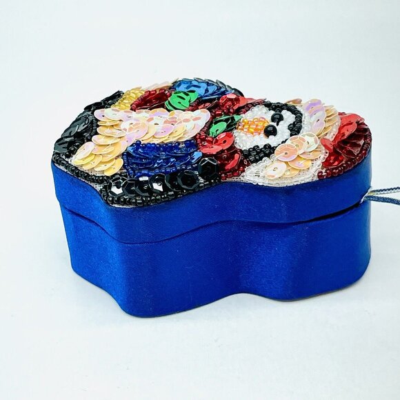 Penguin Sequin Beaded Ornament Trinket Box Blue Satin W Gift Pouch Handmade - Picture 5 of 13
